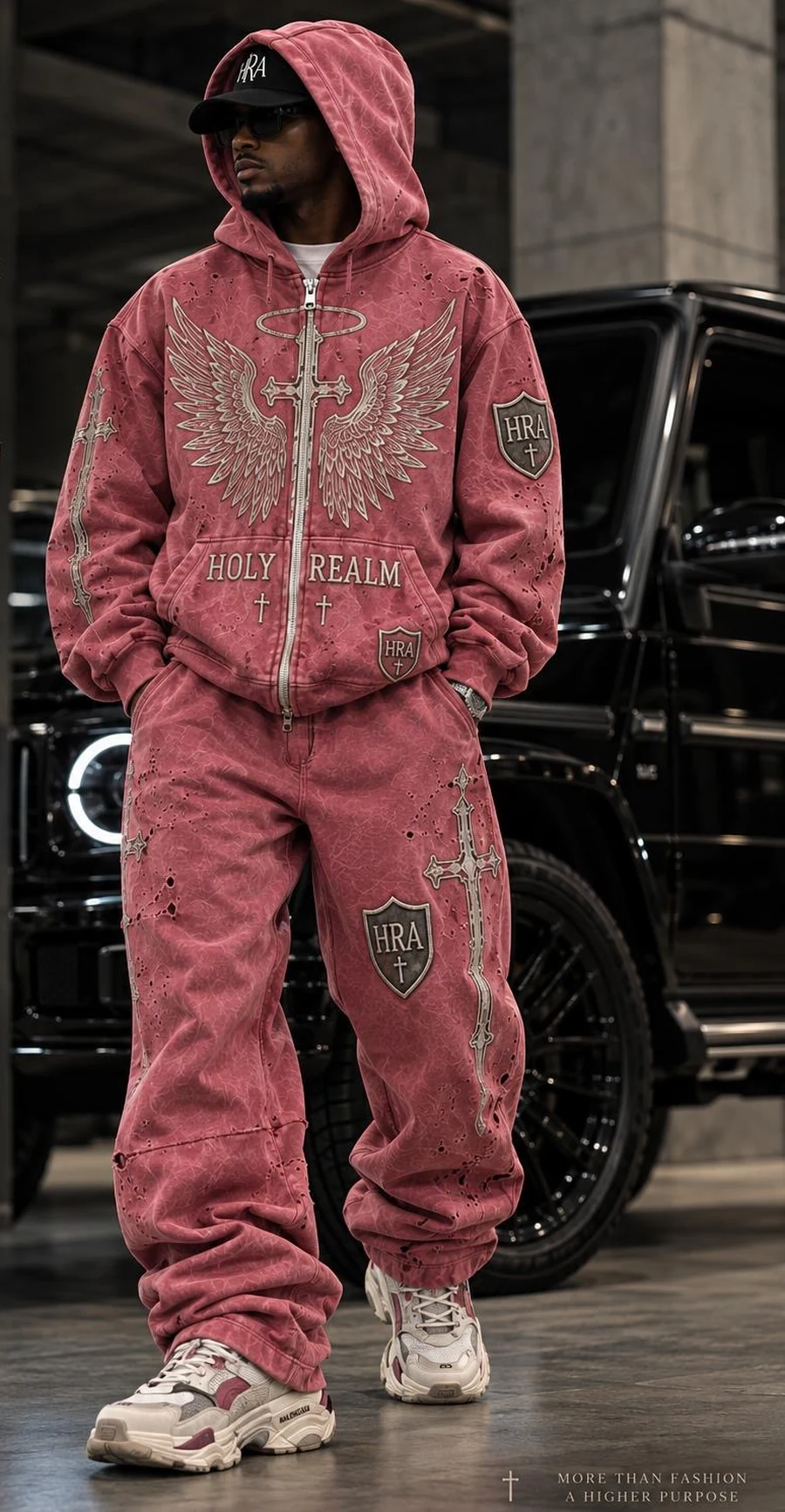 Model wearing the distressed pink HRA Rock Collection